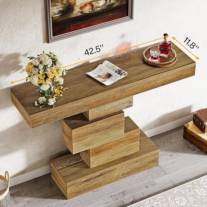 Tribesigns 42.5" Farmhouse Console Table, Narrow Wood Sofa Table Behind Couch with Geometric Base, Industrial Entryway Accent Table for Living Room, Hallway, Entrance (Light Brown)