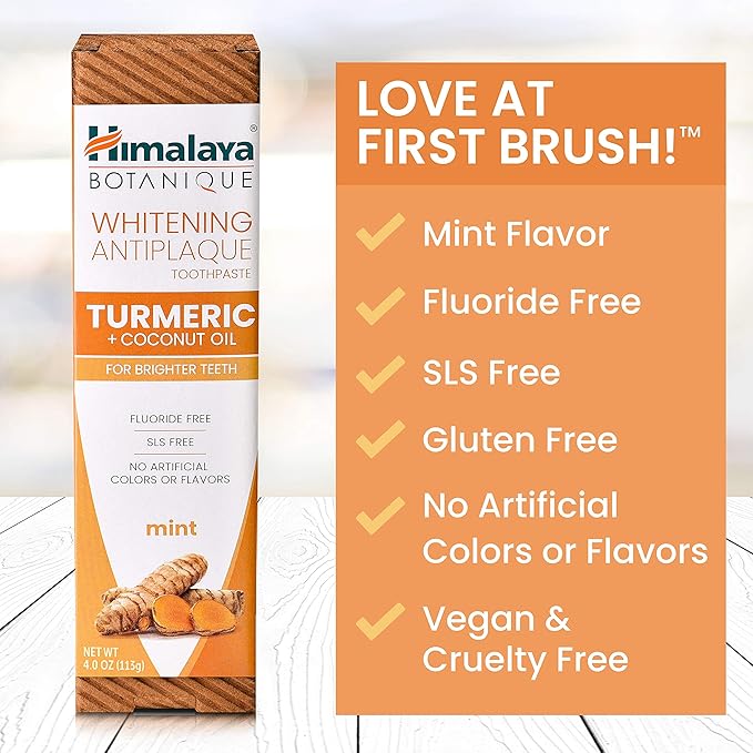 Himalaya Botanique Turmeric & Coconut Oil Whitening Antiplaque Herbal Toothpaste, Whitens Teeth, Fluoride Free, No Artificial Flavors, SLS Free, Vegan, Cruelty Free, Foaming, Mint Flavor, 4 Oz, 1 Pack