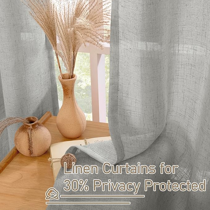 LAMIT Grey Linen Curtains 95 inch for Living Room, Semi Sheer Light Filtering Boho Window Textured Burlap Drapes with Bronze Grommet for Bedroom Farmhouse, 2 Panels Set, 52 x 95 Inch