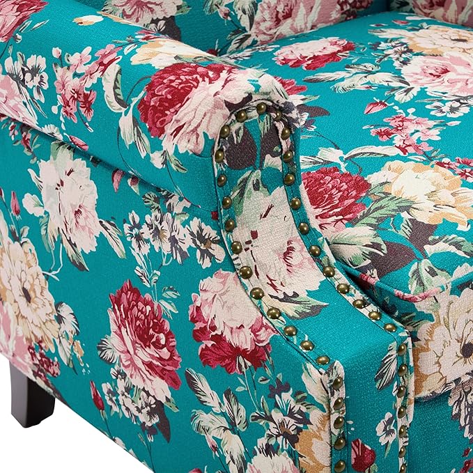 UIXE High Back Floral Accent Chairs Set of 2, Upholstered Armchair in Fabric, Retro Printed Wingback Arm Chair for Living Room, Nailhead Trim Single Sofa Bedroom Reading Seat - Peacock Blue