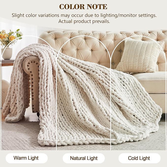 Carriediosa Chunky Knit Throw Blanket 60" X 80" Twin, 100% Hand Made Large Chenille Loop Yarn Soft Fluffy Throws for Couch Sofa Bed, Big Crochet Cozy Heavy Thick Cable Woven Blankets, Cream White