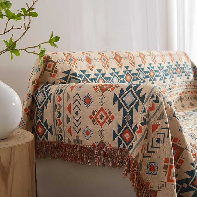 Boho Throw Blanket for Bed 80”x90”, 100% Cotton Woven Blanket for Couch Sofa, Ultra Soft 4-Layer Muslin Quilt with Diamond Pattern, Farmhouse Bed Blanket/Cover for Living Room Decor