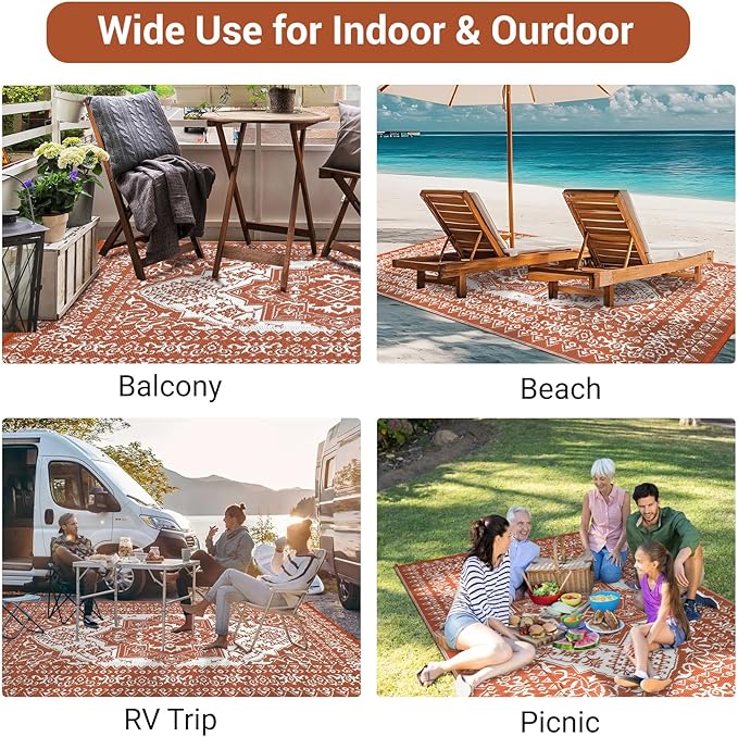 GAOMON Extra Large Outdoor Rug 10x20 Waterproof Plastic Straw Rug Reversible Vintage Patio Carpet, Portable Picnic Camping Mat with Bag & Stakes, Outside Carpet for Balcony Garden Yard, Orange Red