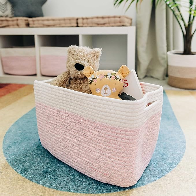 OrganiHaus Set of 3 Woven Storage Baskets for Organizing, Cotton Rope Organizer Bins for Shelves, Closet & Nursery, Dog Toy Basket, Decorative Bins for Toys, Towels & Books - 15x10x9, Pink/Off-White