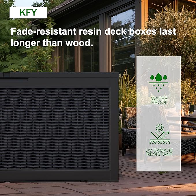 100 Gallon Outdoor Storage Box,Waterproof Lockable Resin Deck Box,Storage Container with Reinforced Support for Patio Cushions, Furniture Supplies, Garden Tools, UV-Resistant Outdoor Chest (Black)