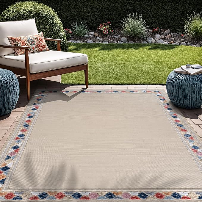 Beverly Rug Outdoor Rug 10x14 Modern Bordered Large Area Rugs for Indoor and Outdoor Patio Easy to Clean Non Shedding Living Room Porch Garden Washable Outside Carpet (10 x 14 Beige)