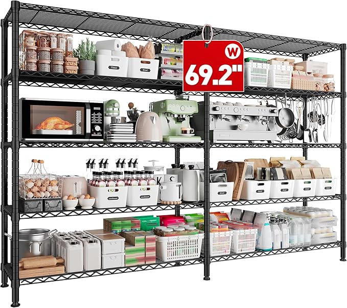 REIBII 70" W Storage Shelves Heavy Duty Load 1600LBS, Metal Shelving 5-Tier Wire Shelving Unit Metal Shelves for Storage Adjustable Shelving Rack for Pantry Kitchen 70" W*15.8" D*72.4" H, 2 Pack