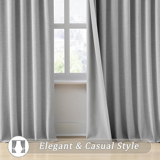 RAIN CITY 104 Inch Long Blackout Curtains 2 Panels Set,70 Inch Wide Back Tab Pleated Curtains with Hooks Track System,Energy Efficinet Linen Blend Drapes for Dining Room Hoom Office 70x104,Grey