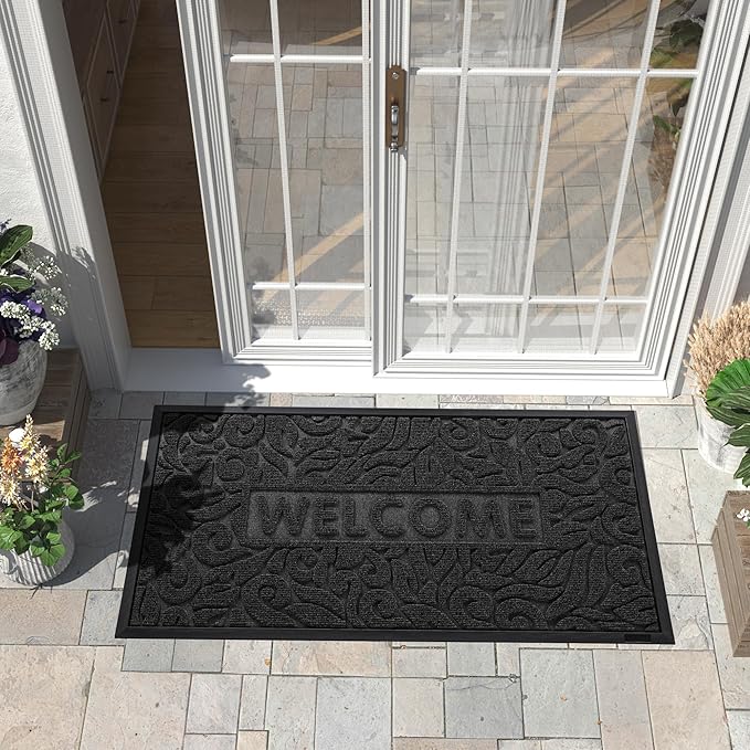 Yimobra Welcome Front Door Mat Outdoor, Heavy Duty Sturdy Non Slip Doormats, Rubber Backing, Low-Profile Entrance Rugs, Absorbent Resist Dirt, Easy Clean Patio Garage Floor Mats, 47X24 Inch, Black