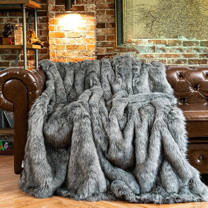 BATTILO HOME Wolf Faux Fur Blanket, Extra Large Fox Fur Throw Blankets for Couch, Bed, Super Soft, Fluffy, Eelegant, Grey with Black Tips Blanket Reversible to Plush Velvet, (Grey, 60"x80")