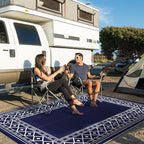 GENIMO Outdoor Rug Waterproof for Patio Decor, 9'x12' Foldable Reversible Plastic Straw Carpet for Travel Trailers, Outside Area Mat for Rv, Deck, Picnic, Porch, Camper, Balcony, Beach, Blue & White