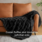 JELLYMONI Plush Faux Fur Throw Blanket – Elegant Black Cozy Bed & Couch Cover, Thick Warm Fuzzy Textured Bubble Design, Queen Size (90"x90")