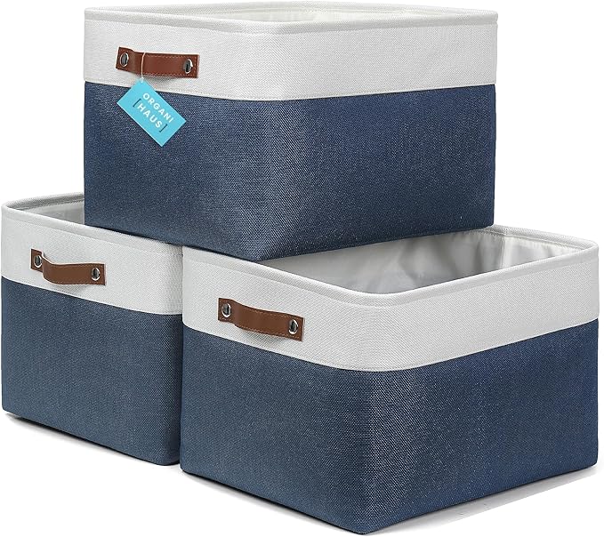 OrganiHaus Extra Large Fabric Storage Bins for Shelves 16x13in, Closet Storage Baskets for Shelf Organizing, Canvas Rectangle Bins for Organization, Linnen Baskets for Organizing - Navy Blue/White