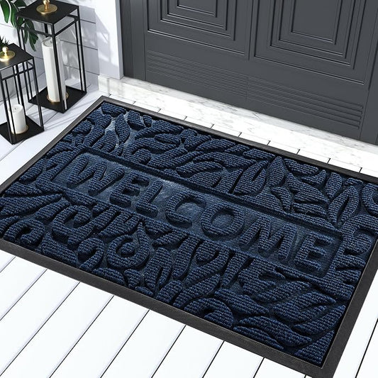 Yimobra Welcome Door Mat Outdoor Indoor, Non Slip Front Doormats, Heavy Duty Rubber Backing, Low-Profile Entrance Mat, Absorbent Resist Dirt, Easy Clean Patio Garage Floor Mats, 29.5 x 17, Blue