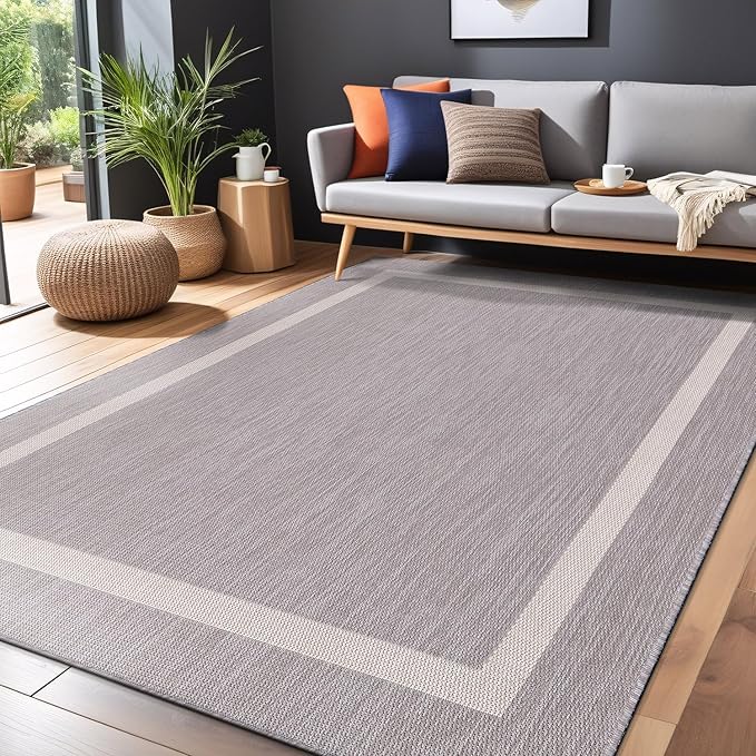 Bordered Outdoor Rug 6x9 Washable Outside Carpet for Indoor Patio Porch Waterproof Easy Cleaning Non Shedding Area Rugs Gray 6 x 9
