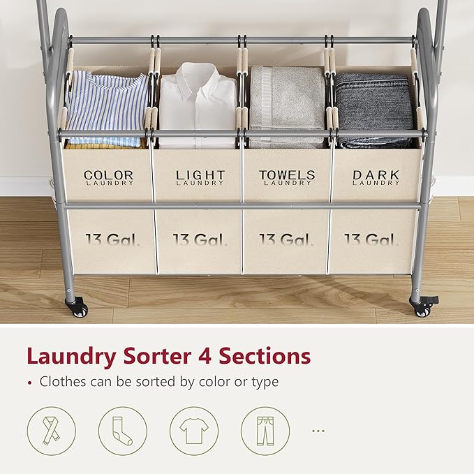 Tajsoon Laundry Hamper with Hanging Rack, Laundry Sorter 4 Sections, 4 Basket Butler with Lockable Wheels and Removable Bag, Rolling Laundry Cart for Bedroom, Beige