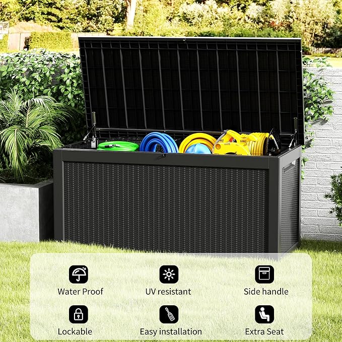 320 Gallon Outdoor Storage Box Waterproof Lockable Resin Deck Box Large, Patio Storage Bin for Pool Accessories Cushion Furniture, Garden Tools, UV-Resistant Outside Delivery Black
