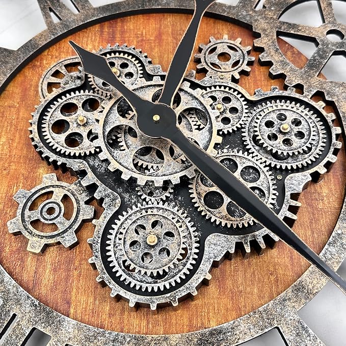 The B-Style 36" Large Moving Gear Wall Clock Oversized Vintage Farmhouse Wall Clocks for Living Room Decor Rustic Industrial Wood Clock (Brwon with Bronze Gears)