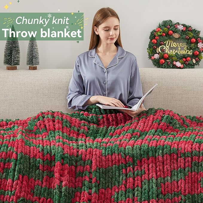Chunky Knit Throw Blanket, 60''*80'' Knitted Throw Chenille Yarn for Bed Couch, Handmade Stripe Crochet Big Thick Blanket, Machine Washable Cute Comfy Blanket for Home Decor