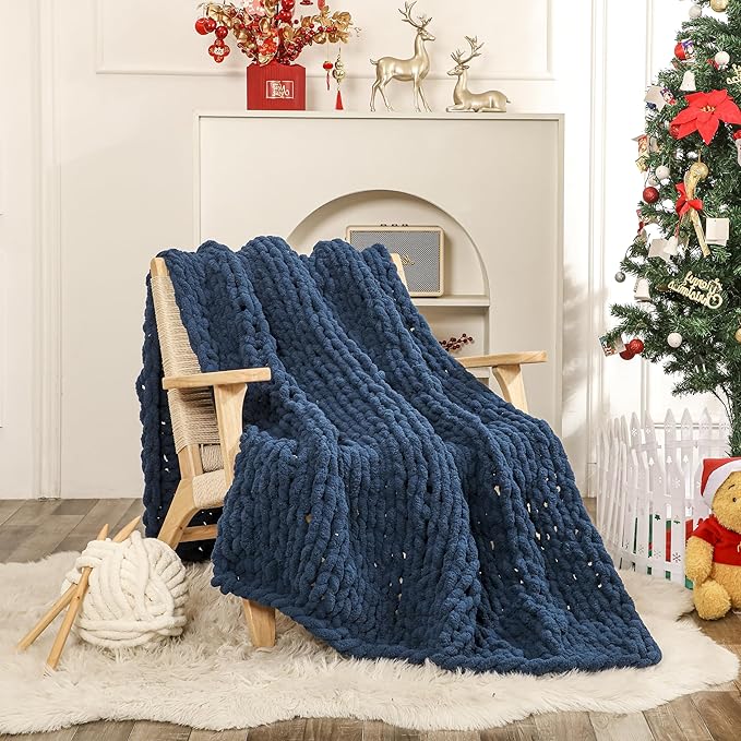 WESHIONGOO Chunky Knit Blanket Throw 50"×60" Knitted Throw Blankets for Couch Bed Fluffy Soft Blanket with Jumbo Chenille Yarn Thick 100% Handmade (Navy Blue)