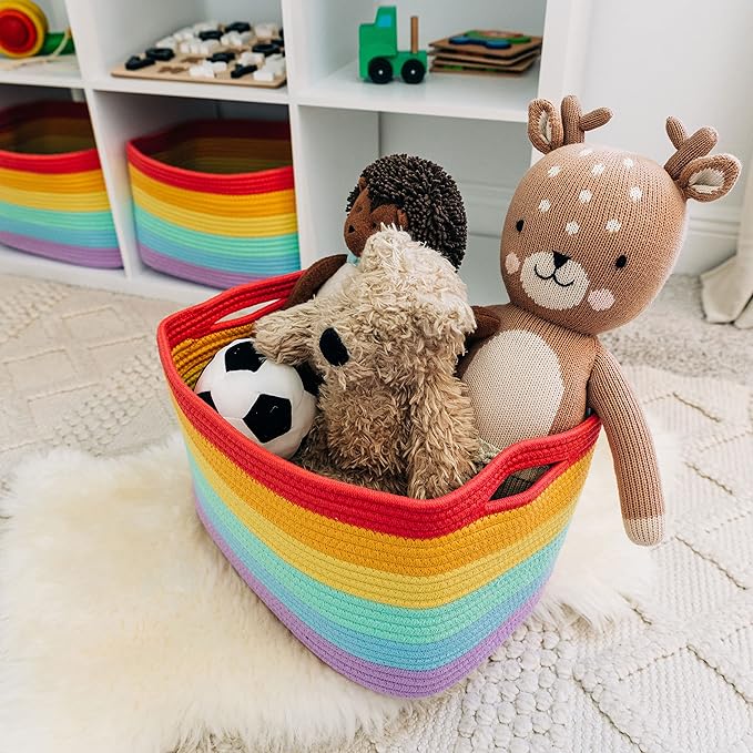 OrganiHaus Set of 3 Rainbow Woven Storage Baskets for Organizing, Cotton Rope Organizer Bins for Shelves, Closet & Nursery, Dog Toy Basket, Decorative Bins for Toys, Towels & Books - 15x10x9
