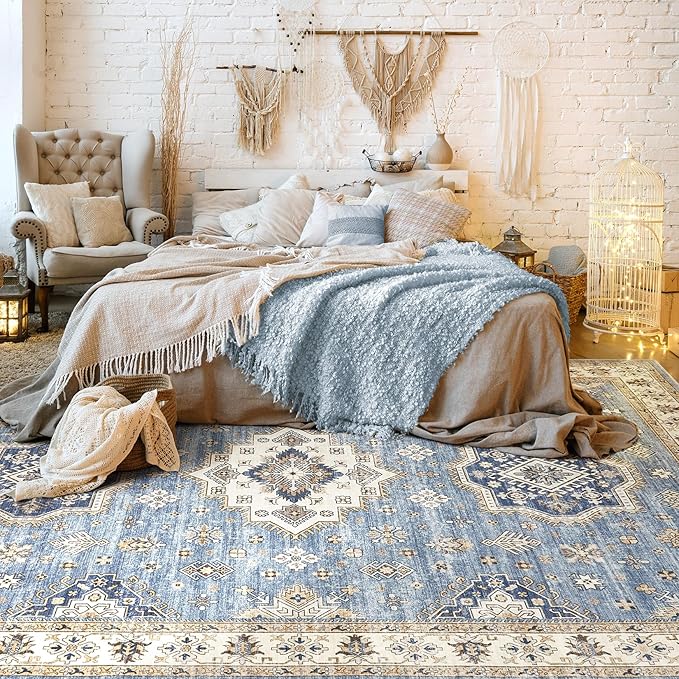 Washable Area Rugs for Living Room -10x13 Neutral Vintage Distressed Floral Farmhouse Boho Large Soft Floor Rug Indoor Non Slip Carpet for Living Room Bedroom Dining Room Office - Blue