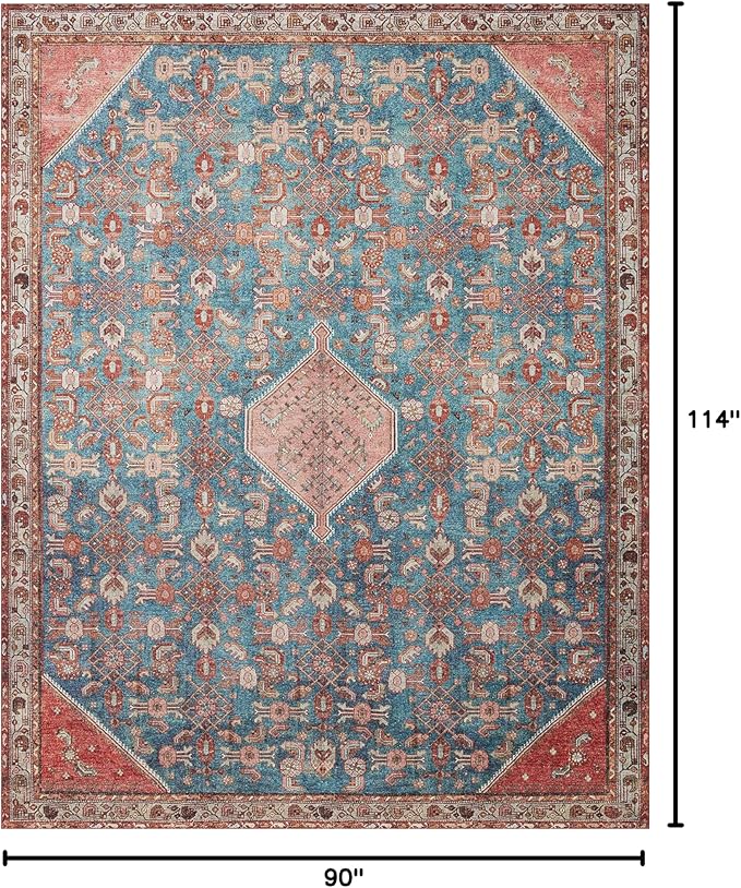 Loloi Layla Collection LAY-10 Marine/Clay 7'-6" x 9'-6" .13" Thick Area Rug, Soft, Durable, Vintage Inspired, Distressed, Low Pile, Non-Shedding, Easy Clean, Printed, Living Room Rug