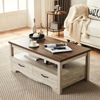 LINSY HOME Farmhouse Coffee Table with Storage, Wood Coffee Table for Living Room, Open Display Area and Storage Drawers with Metal Handles, Chic Style with Curved Base. Oak and Brown
