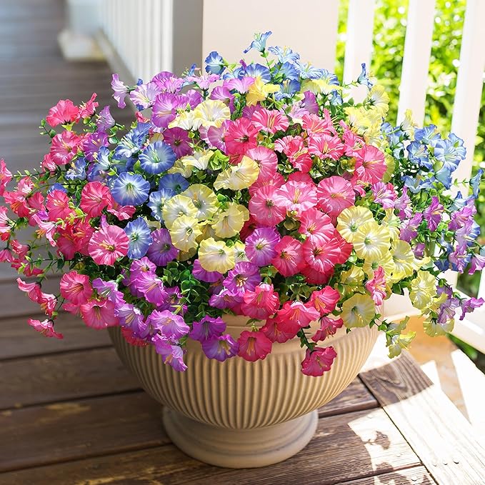 Artificial Flowers for Outdoors Fake Plants Outside Decoration, 12 Bundles Silk Colorful Morning Glory with Eucalyptus UV Resistant Realistic Faux Flowers for Planter Porch Patio Yard Indoor