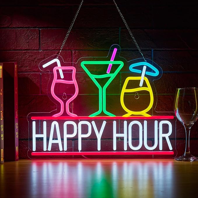 Happy Hour Neon Sign for Wall Decor Beer Bar Signs, USB Powered Dimmable LED Art Lights for Bar Pub Man Cave Party Club