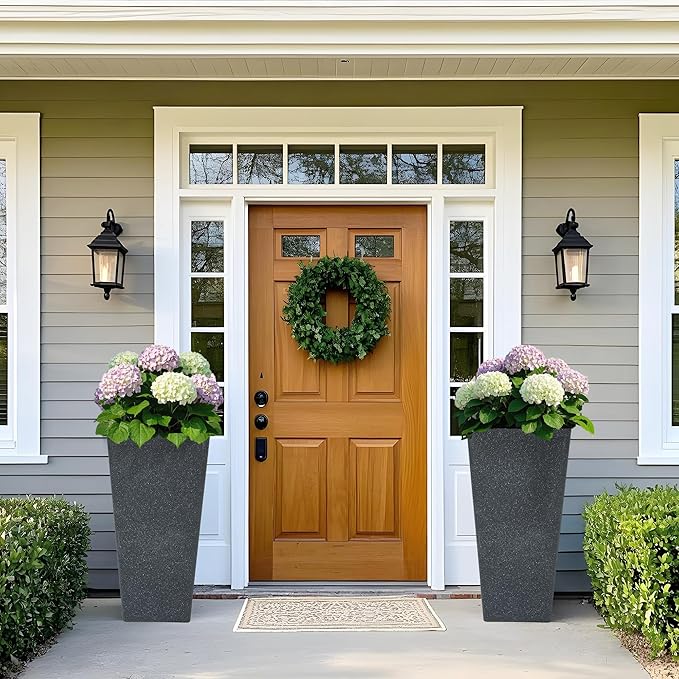 28" Large Tall Planters for Outdoor Plants, Set of 2 V-Shaped Planter Box with Black Terrazzo Look, Durable and Weather Resistant, Ideal or Garden, Patio, Porch or Home use.