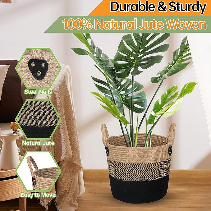 14"x12" Natural Jute Rope Woven Storage Basket with Handles for Plant, Blankets,Toys - Living Room Home Decor,Multifunctional Basket for Organizer,Picnic,Artificial Tree Black and Beige