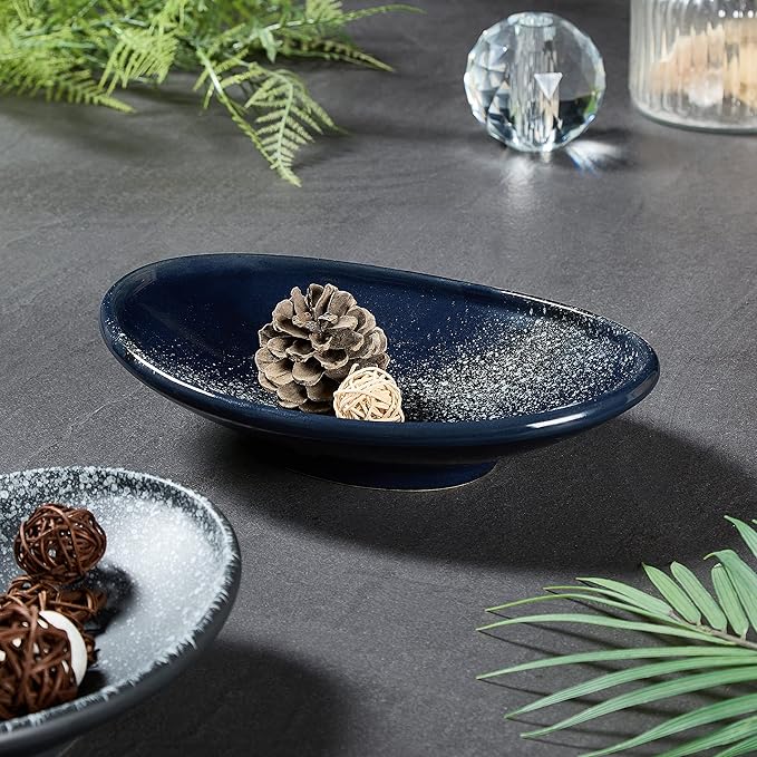 Oval Ceramic Decorative Bowl, Key Dish for Entryway Table, Small Home Decor Accent, Trinket Tray for Office Home Decor Gift (10'' Starrysky Blue with Glaze Layer)