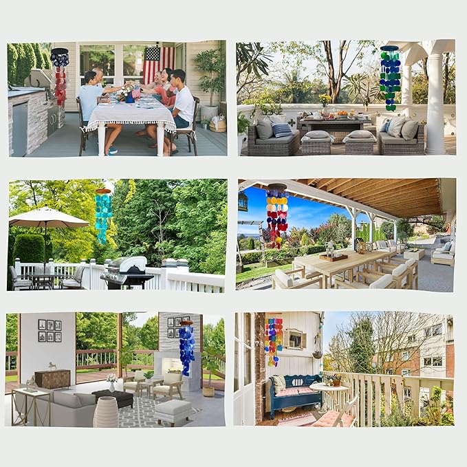 Bellaa 24872 Wind Chimes Outdoor, Garden Decorations, Musical, Indoor/Outside Windchimes, Beach, Ocean Breeze, Gifts for Mom, Gift for All Occasions, Sea Glass Shells Wood Red Blue Yellow White