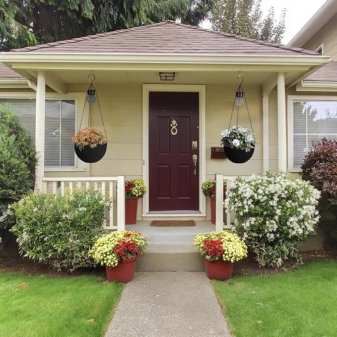 Hanging Baskets for Plants Outdoor - 2 Pack Black Plastic Solar Flower Pots with Drainage Holes & Removable Saucer, Self-Watering Hanging Planters for Garden, Porch, Balcony, Patio