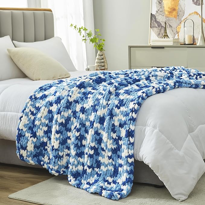 Amélie Home Chunky Knit Throw Blanket for Couch, Soft Chenille Crochet Blanket for Sofa, 50"x60", Space-Dyed Blue