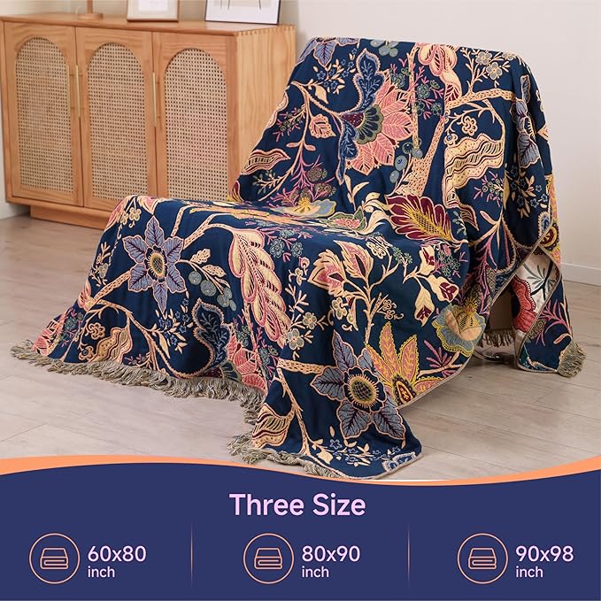 Boho Cotton Throw Blanket - Ultra-Soft Rustic Quilt for Bed, Home Decor & Travel - Large 90"x98" Muslin Blanket - All-Season Lightweight Bedspread & Throw for Women & Moms