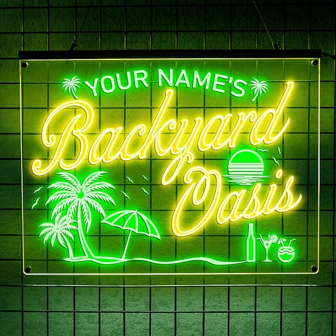 Personalized Backyard Oasis Neon Sign, Custom Tropical LED Wall Light for Patio, Pool Area, Outdoor Bar, Summer Party, Backyard Decor Gift