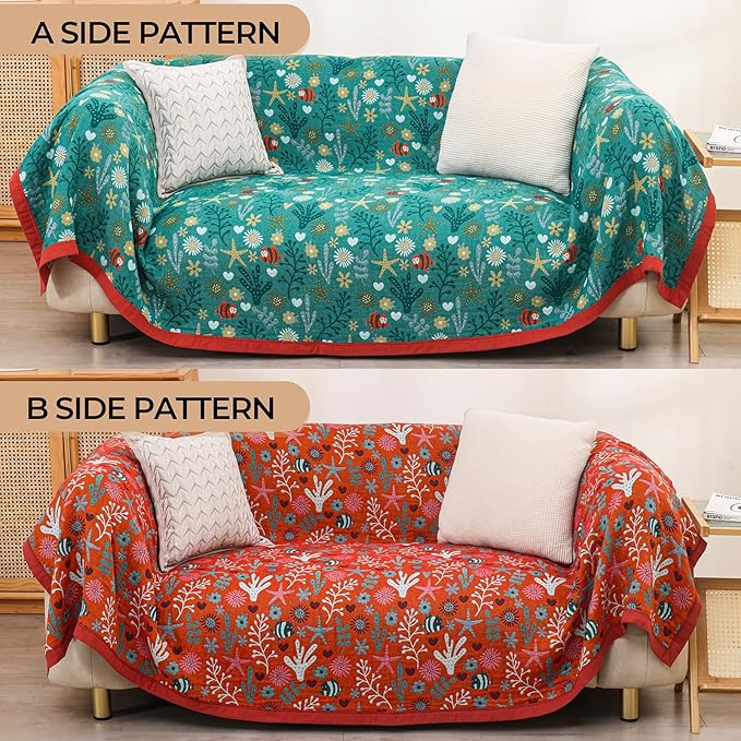 Boho Throw Blanket, 100% Organic Cotton Skin-Friendly Breathable Ultra Soft Bed Quilt Throw - All Season Blue & Red FishFarmhouse Decor Blanket for Sofa Couch Chair and Gift. 60" x 80"