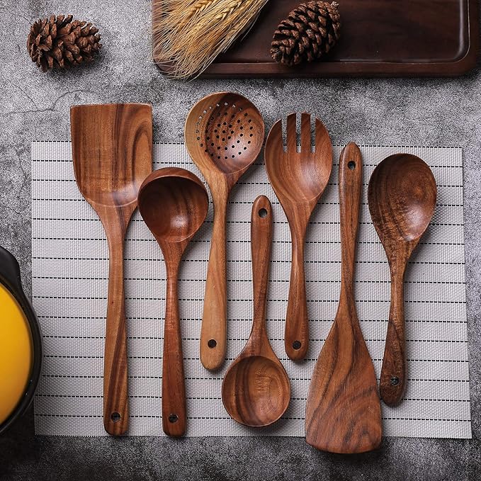 Wooden Non-Stick Kitchen Pan Toolset 7 Pieces Set,100% Natural Teak Kitchen Utensils Spatula, Wooden Cooking Utensils Spoons, Fried Spatula and Salad Fork