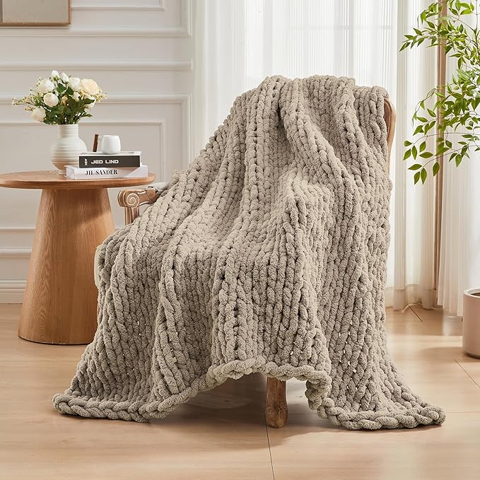 Carriediosa Chunky Knit Throw Blanket 60" X 80" Twin, 100% Hand Made Large Chenille Loop Yarn Soft Fluffy Throws for Couch Sofa Bed, Big Crochet Cozy Heavy Thick Cable Woven Blankets, Taupe