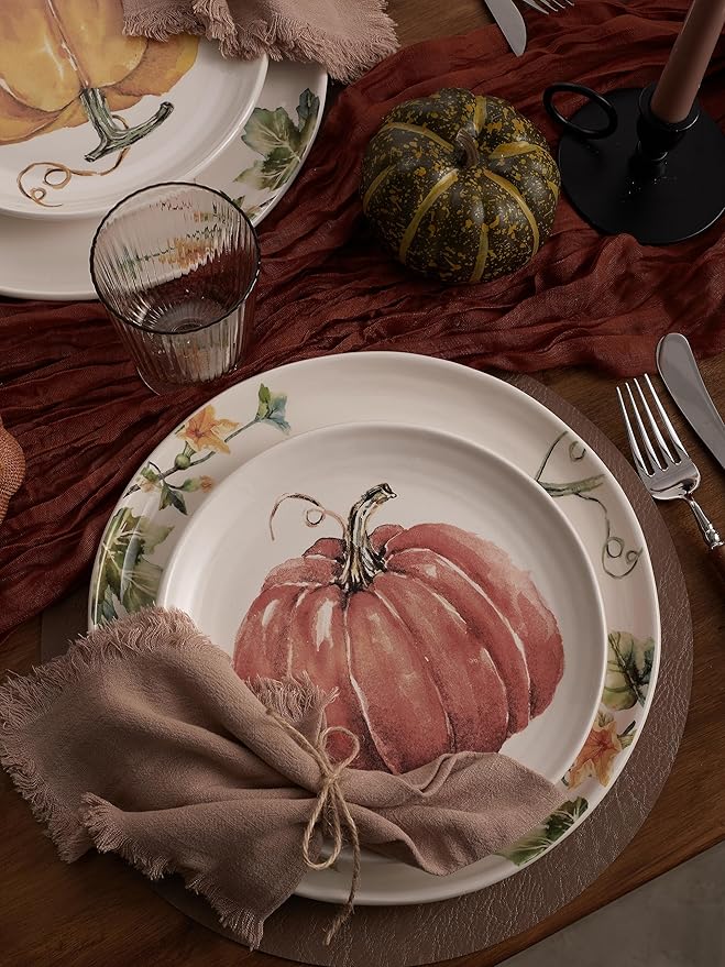Bico Pumpkin Feast Dinner Plates Set of 4, 11 Inch Large Ceramic Plates for Pasta, Steak, Stylish Serving Dishes, Microwave and Dishwasher Safe, Gift for Housewarming and Thanksgiving