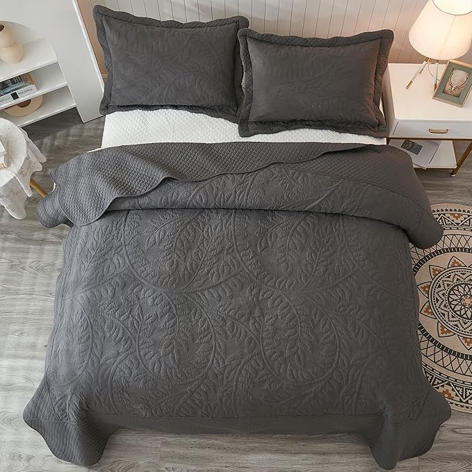 MarCielo 3-Piece 100% Cotton Oversized Bedspread Lightweight Quilt Coverlet Embroidery Farmhouse Bedding Set T0 (Dark Grey, Oversized King (118"x106"))