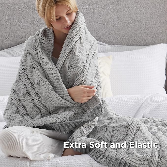 Bedsure Cable Knit Twin Blanket for Couch Bed - Breathable Chenille Chunky Knit Twin Blanket for Decorative Gift, GentleSoft Cozy and Warm for Winter and All Seasons, Grey, 60x80 Inches