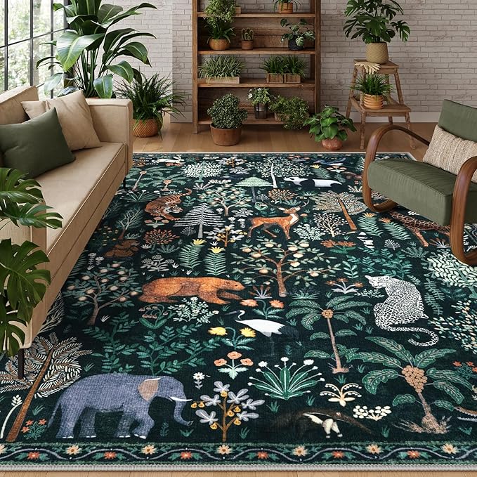 OJIA Jungle Print 9x12 Area Rugs for Living Room, Green Soft Bedroom Rug Washable Rugs 9x12, Modern Dining Room Rug Stain Resistant Ultra-Thin Floor Carpet for Playroom Kids Room Nursery