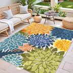 Indoor Outdoor Area Rug Washable Multicolored Patio Rug Tropical Botanical Modern Floral Indoor Outdoor Carpet Non Slip Yellow Green Rug Non Shedding for Patio, Deck, Backyard, Porch (6x9)