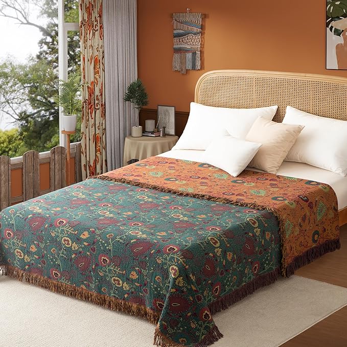 Boho Throw Blanket Full Size, Extra Large Soft Cozy Cotton Muslin Quilt Blanket for Bed Decor, Floral Patterned Couch Sofa Chair Cover, Vintage Farmhouse Cottage Woven Blanket, Green&Orange