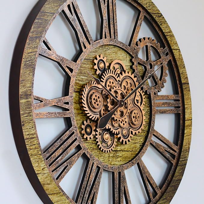 The Gears Clock 36'' Inch Real Moving Gear Wall Clock Vintage Industrial Oversized Rustic Farmhouse (Gold Antique)