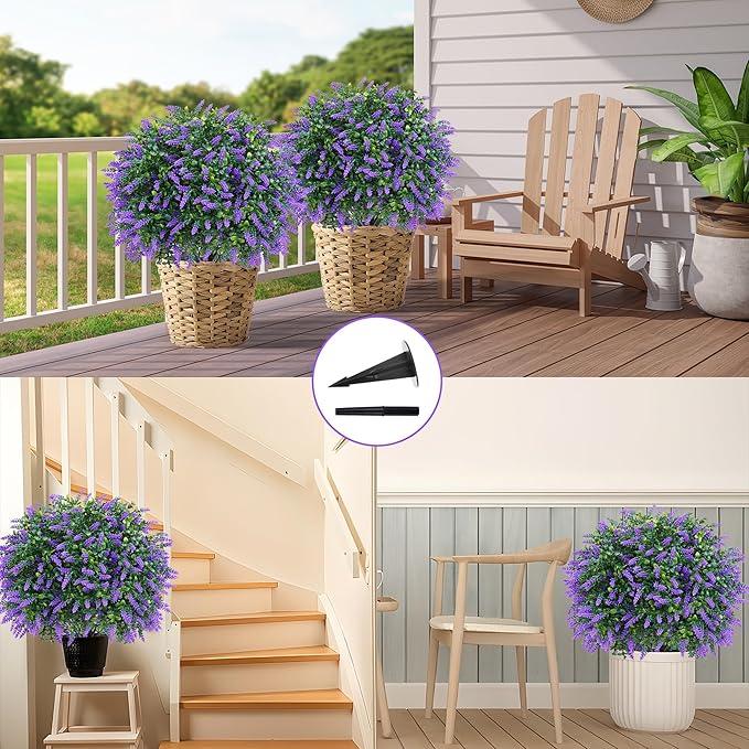 Artificial Boxwood Topiary Ball with Lavender, Set of 2 Artificial Shrub Bushes with Ground Spike, Fake Evergreen Tree for Porch, Artificial Plants for Outdoor Planters Indoor UV Resistant