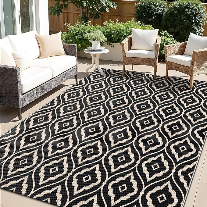 OLANLY Outdoor Rug 5x8 ft Waterproof, Outdoor Plastic Straw Rug with Geometric Pattern Clearance, Reversible RV Mat for Patio, Camping, Balcony, Deck, Backyard, Black & Beige